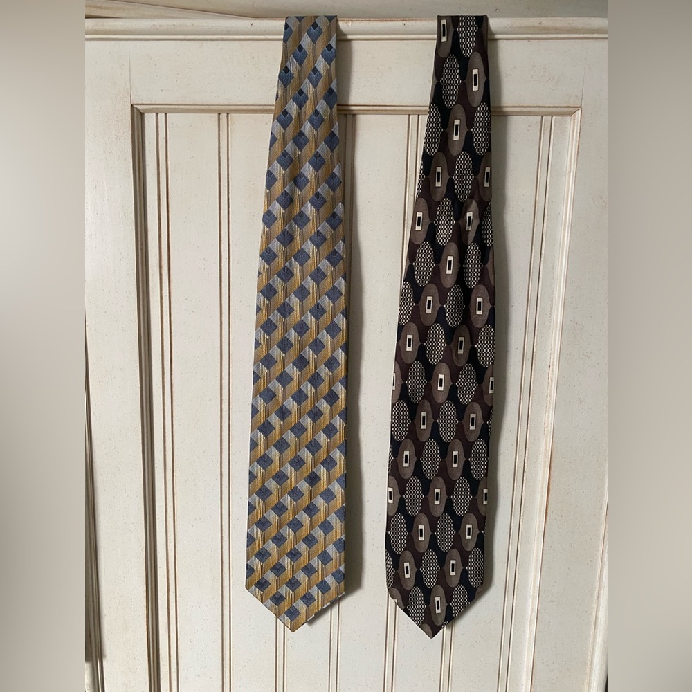 Two Geometric Patterned 100% Silk Ties in Blue and Brown Made in Italy